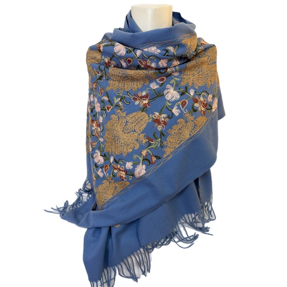 Blue Embroidered Wool Blend Scarf Made in Nepal – Floral Golden Tapestry Wrap - Picture 1 of 9